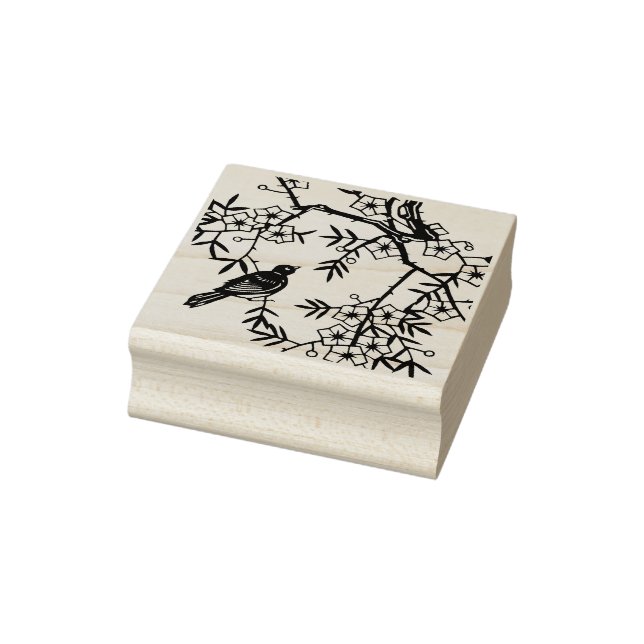 Cute Black Bird Tree Branches Flowers Berries Rubber Stamp (Stamp)