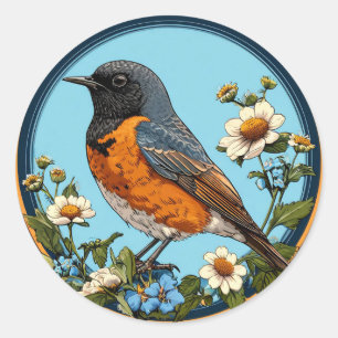 🐦 Cute Black Bird With Flowers Classic Round Sticker