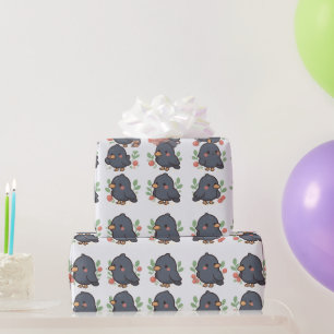 Cute Black Birds Berries Whimsical Wrapping Paper