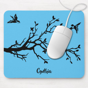 Cute Black Birds & Tree Branch Personalised Mouse Mat