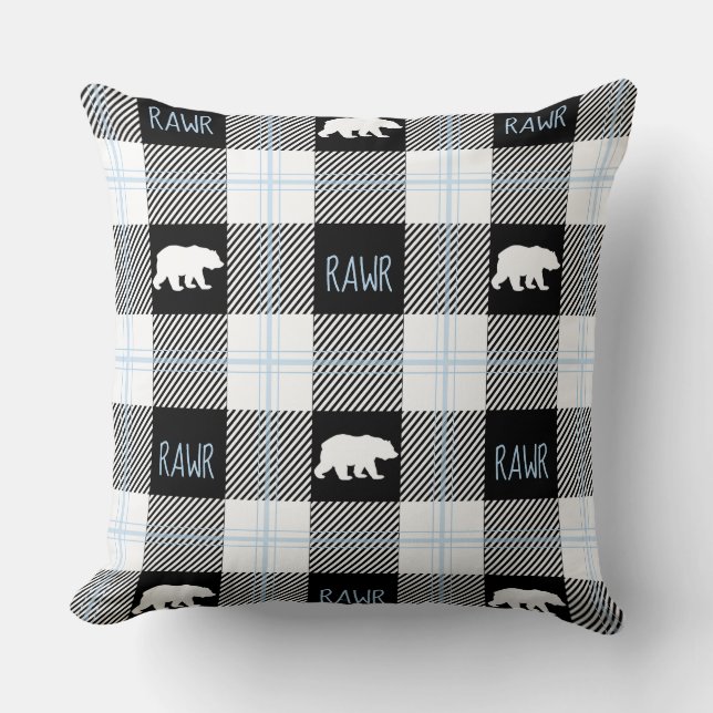 Cute Black Blue & White Bear and Rawr Flannel Cushion (Front)