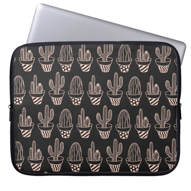 Cute Black Blush Pink Potted Cactus Pattern Laptop Sleeve (Front)