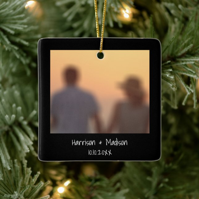 Cute black border custom photo names Christmas  Ceramic Ornament (Tree)