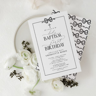 Cute Black Bow Girl Holy Baptism & 1st Birthday Invitation