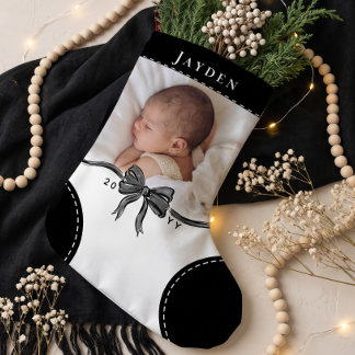 Cute Black Bow Name & Photo Baby First Christmas Small Christmas Stocking