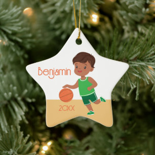 Cute Black Boy Basketball Personalised Christmas Ceramic Tree Decoration