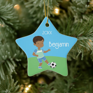 Cute Black Boy Soccer Personalised Christmas Ceram Ceramic Tree Decoration