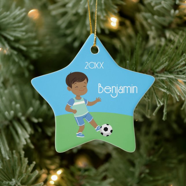 Cute Black Boy Soccer Player Ceramic Tree Decoration (Tree)