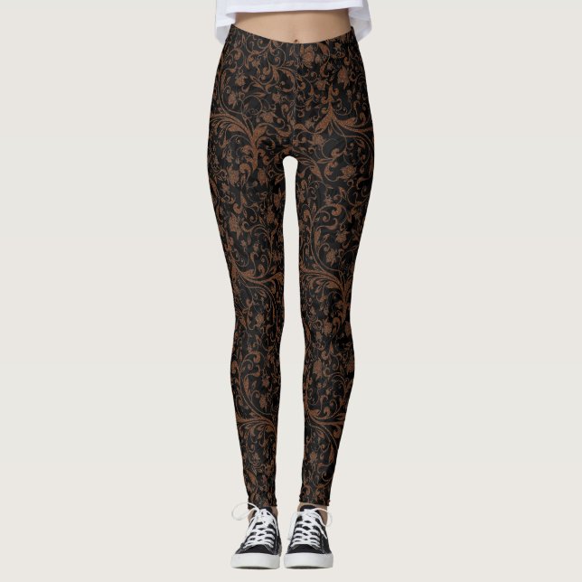 Cute  black brown tiger floral pattern leggings (Front)