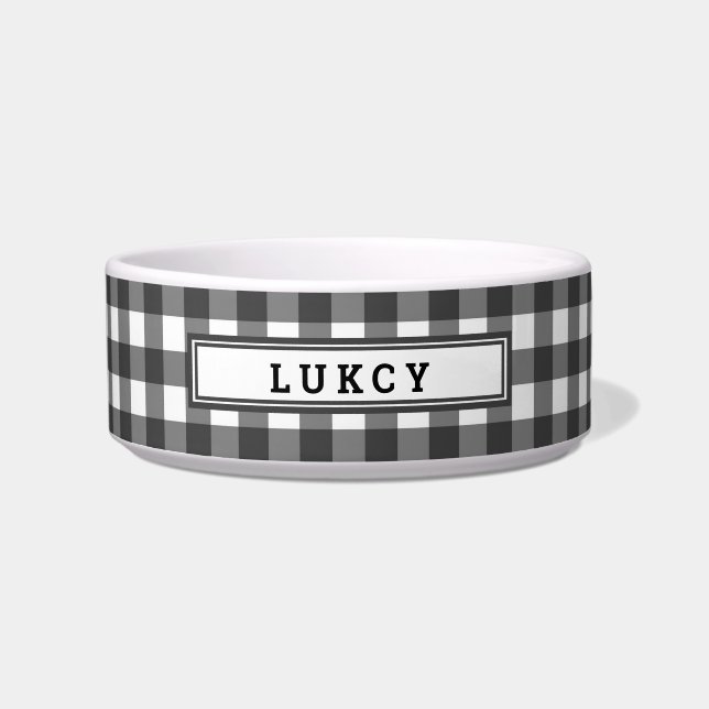 Cute Black Buffalo Plaid Dog Name Personalised Bowl (Front)