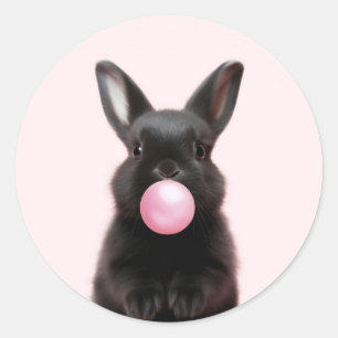 Cute Black Bunny Blowing Pink Bubble Gum Classic Round Sticker
