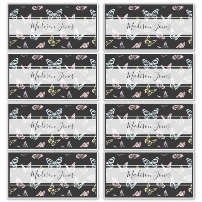 Cute Black Butterfly Pattern Kids Name School Book (Front)