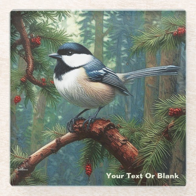 Cute Black-Capped Chickadee Glass Coaster (Front)