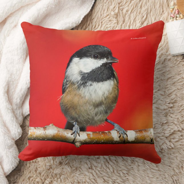 Cute Black-Capped Chickadee with Red Autumn Leaves Cushion (Blanket)