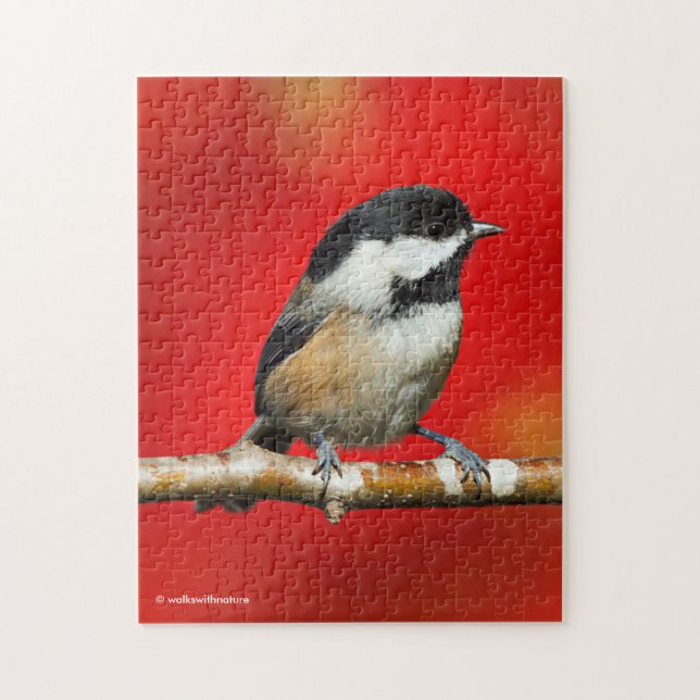 Cute Black-Capped Chickadee with Red Autumn Leaves Jigsaw Puzzle (Vertical)