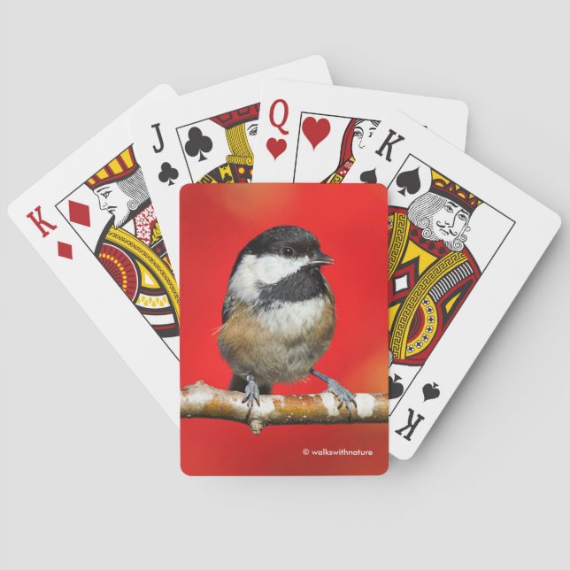 Cute Black-Capped Chickadee with Red Autumn Leaves Playing Cards (Back)