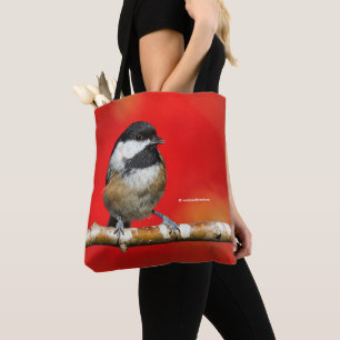 Cute Black-Capped Chickadee with Red Autumn Leaves Tote Bag