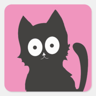Cute Black Cartoon Kitten on Pink Background Square Sticker