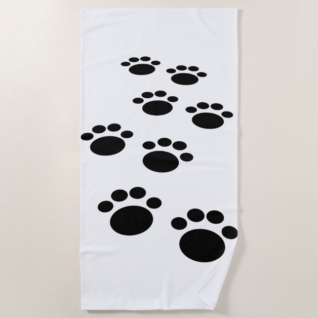Cute Black Cartoon Pet Paw Trail Beach Towel (Front)
