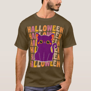 Cute Black Cat 70s 80s Retro Vintage Style Hallowe T-Shirt