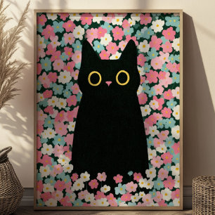 Cute Black Cat Among Colourful Daisies Funny Anima Poster