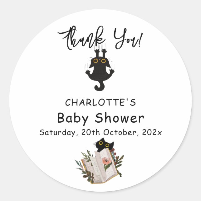 Cute Black Cat and Book Baby Shower Classic Round Sticker (Front)