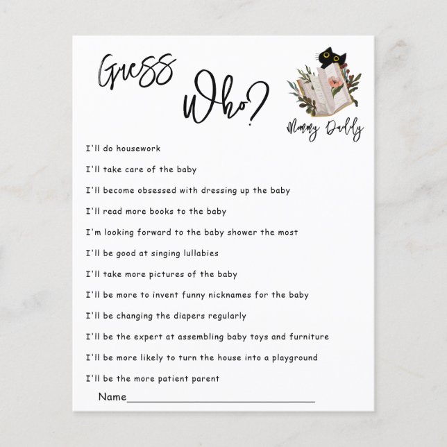 Cute Black Cat and Book Baby Shower Guess Who Game (Front)
