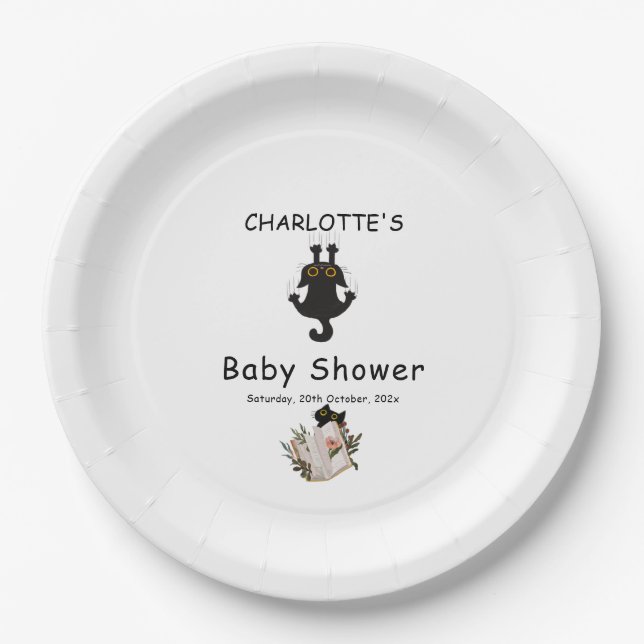 Cute Black Cat and Book Baby Shower Paper Plate (Front)