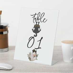 Cute Black Cat and Book Baby Shower Table Numbers Pedestal Sign
