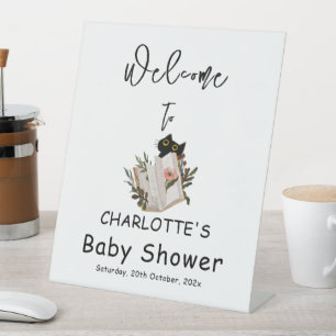Cute Black Cat and Book Baby Shower Welcome  Pedestal Sign