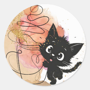 Cute black cat and Coffee, creamy colours on Classic Round Sticker