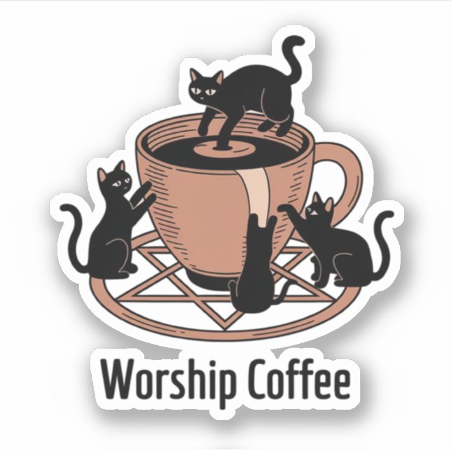 Cute Black Cat And Coffee, Worship Coffee Kittens (Front)