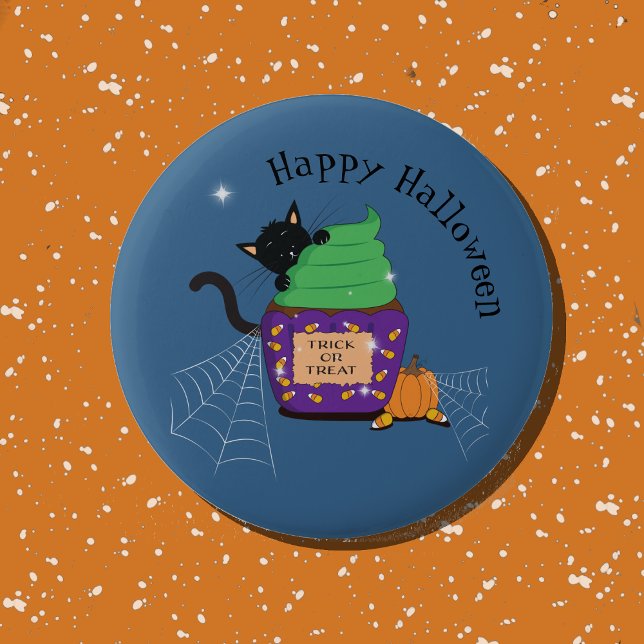 Cute Black Cat and Cupcake Blue Halloween Button (Cute black cat Halloween blue button .)