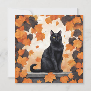 Cute Black Cat and Falling Autumn Leaves Card