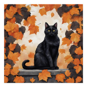 Cute Black Cat and Falling Autumn Leaves Poster