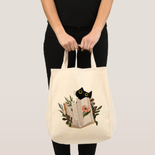 Cute Black Cat and Floral Book Tote Bag