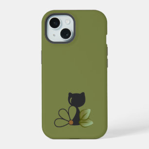 Cute Black Cat and flower – Personalised iPhone 15 Case