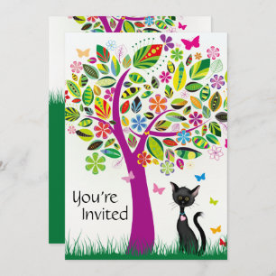 Cute Black Cat and Flower Tree Birthday Invitation