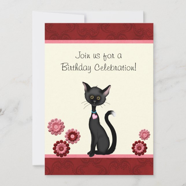 Cute Black Cat and Flowers Birthday Invitation (Front)