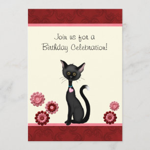 Cute Black Cat and Flowers Birthday Invitation