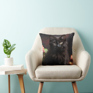 Cute Black Cat and Flowers Cushion