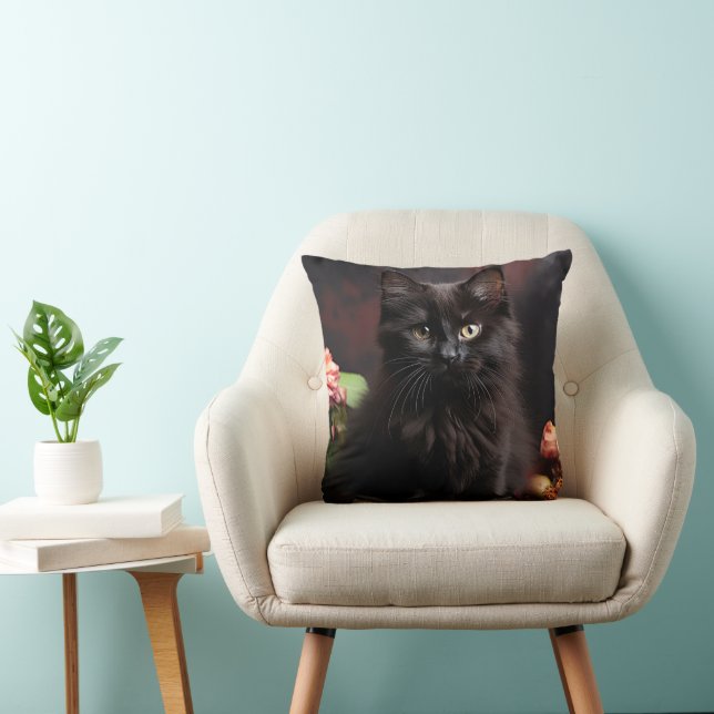 Cute Black Cat and Flowers Cushion (Chair)