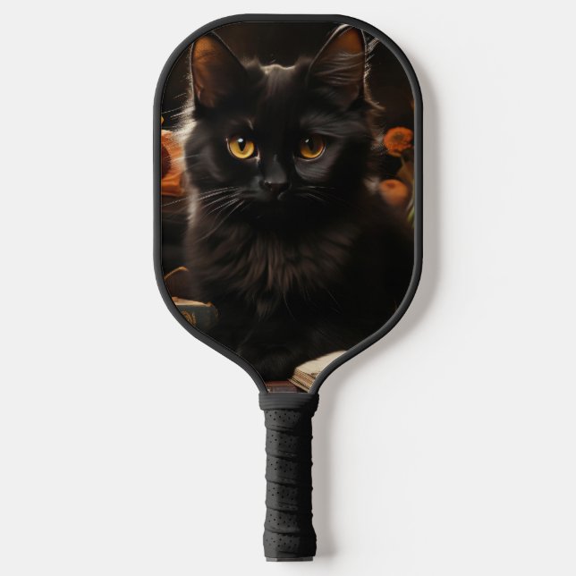 Cute Black Cat and Flowers Pickleball Paddle (Front)