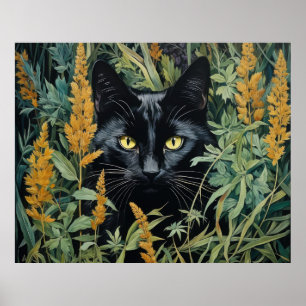 Cute Black Cat and Flowers Poster
