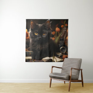 Cute Black Cat and Flowers Tapestry