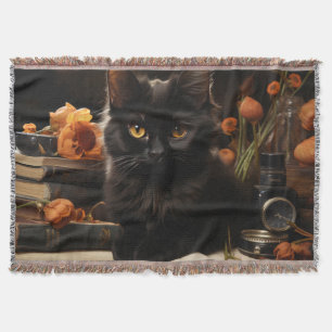 Cute Black Cat and Flowers Throw Blanket