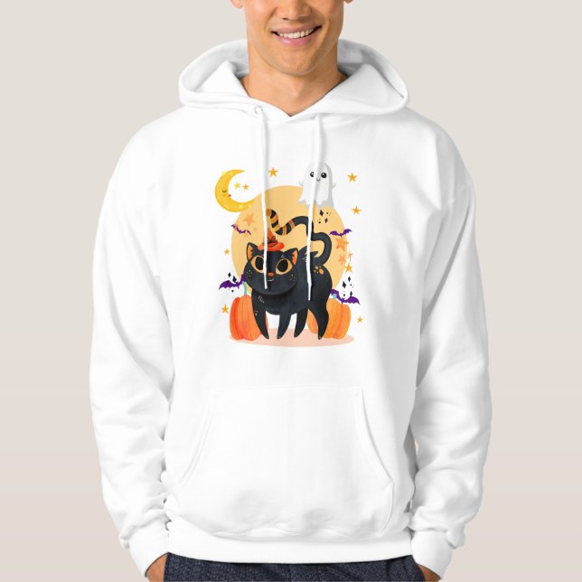 Cute Black Cat and Ghost Halloween Hoodie (Front)