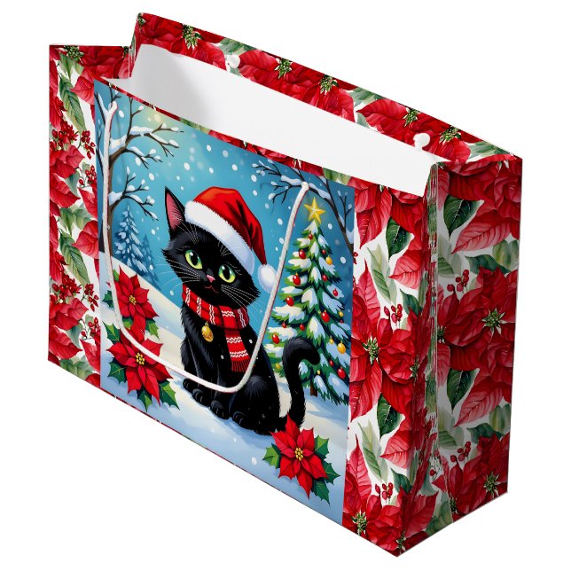Cute Black Cat and Poinsettia Christmas Large Gift Bag (Front Angled)