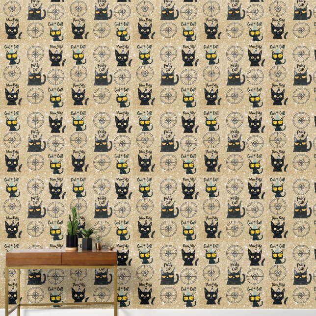 Cute Black Cat and Present-Gold Glitter-Meow Party Wallpaper (Hallway)