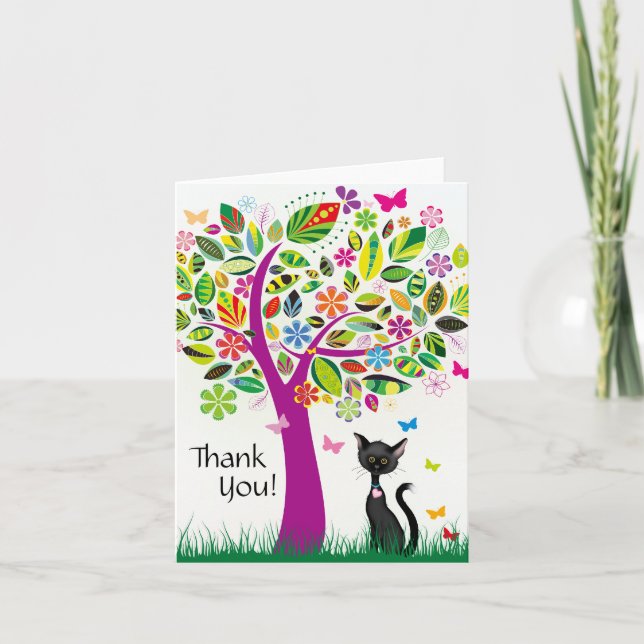 Cute Black Cat and Pretty Flower Tree Thank You Card (Front)